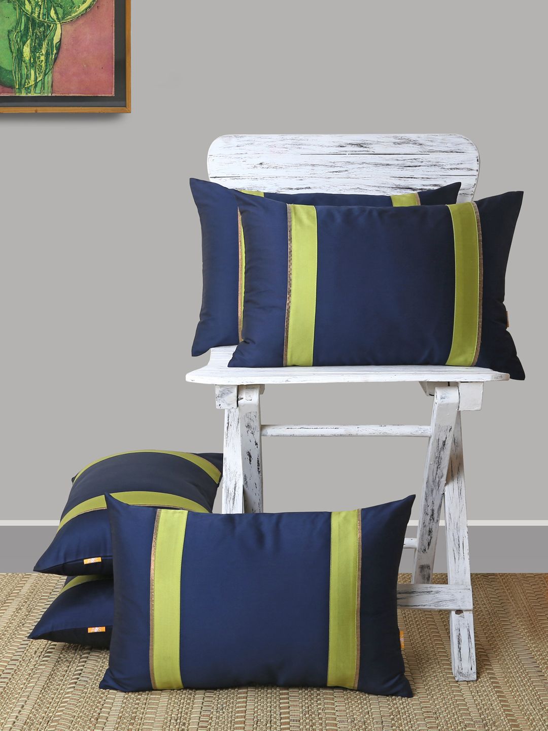 ANS Navy Blue & Lime Green Set of 5 Striped Rectangle Cushion Covers Price in India