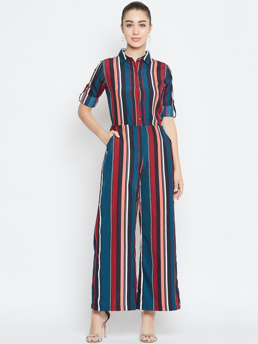 PURYS Women Multicoloured Striped Basic Jumpsuit Price in India