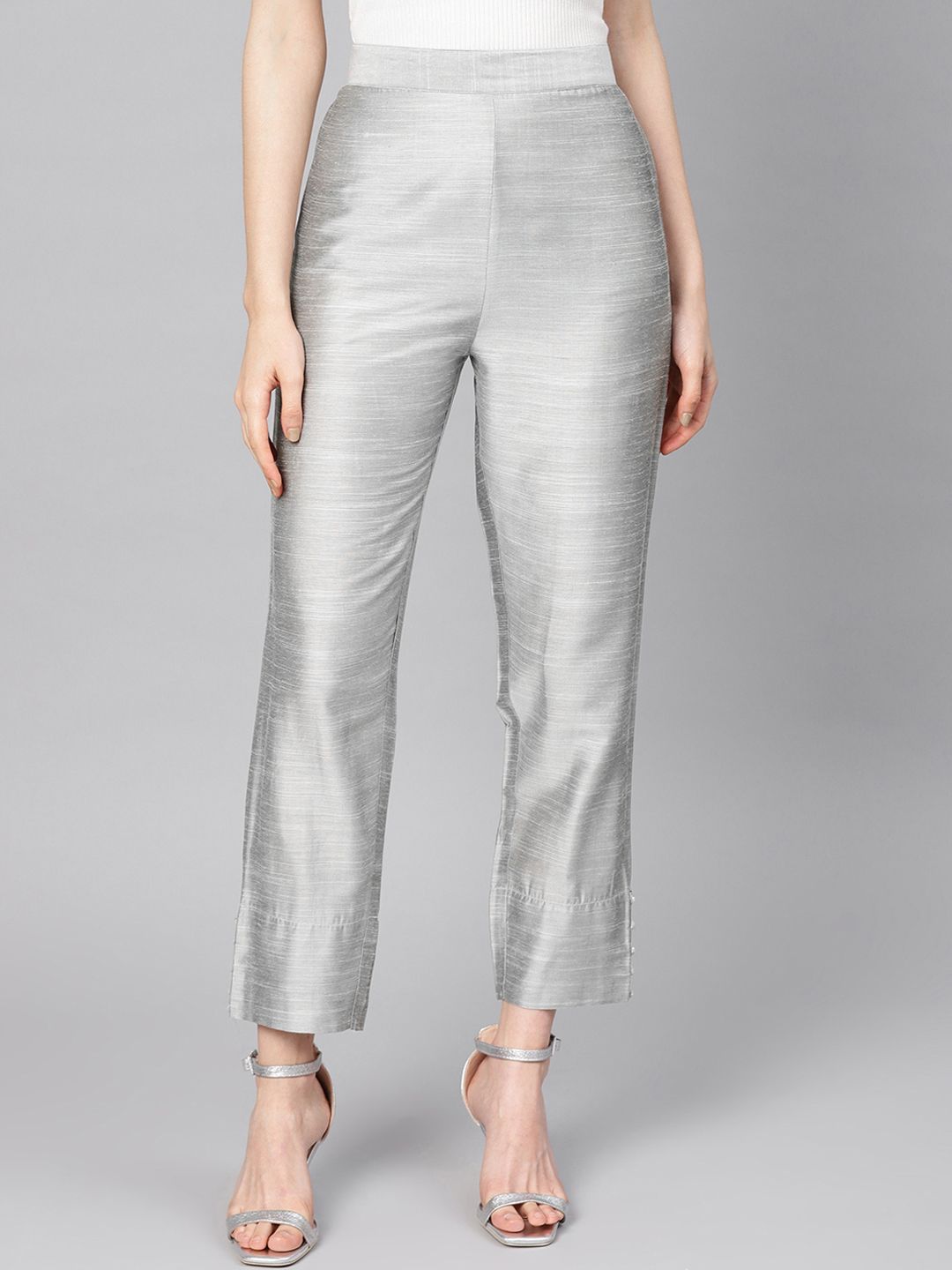Varanga Women Grey Straight Fit Solid Silk Cropped Regular Trousers Price in India
