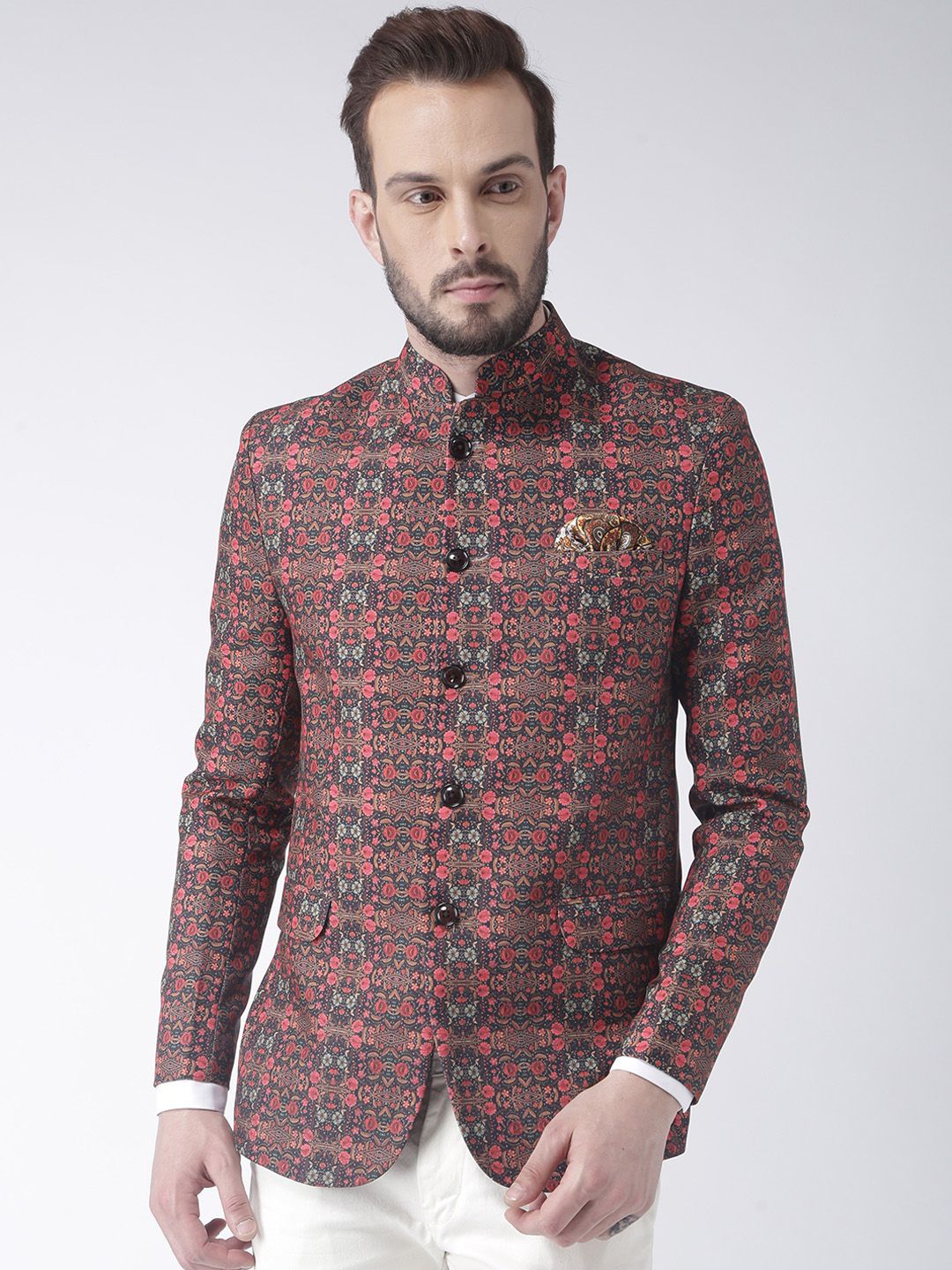 Hangup Men Black & Pink Printed Bandhgala Casual Blazer