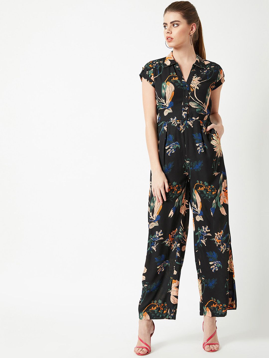 Miss Chase Women Black Printed Basic Jumpsuit Price in India