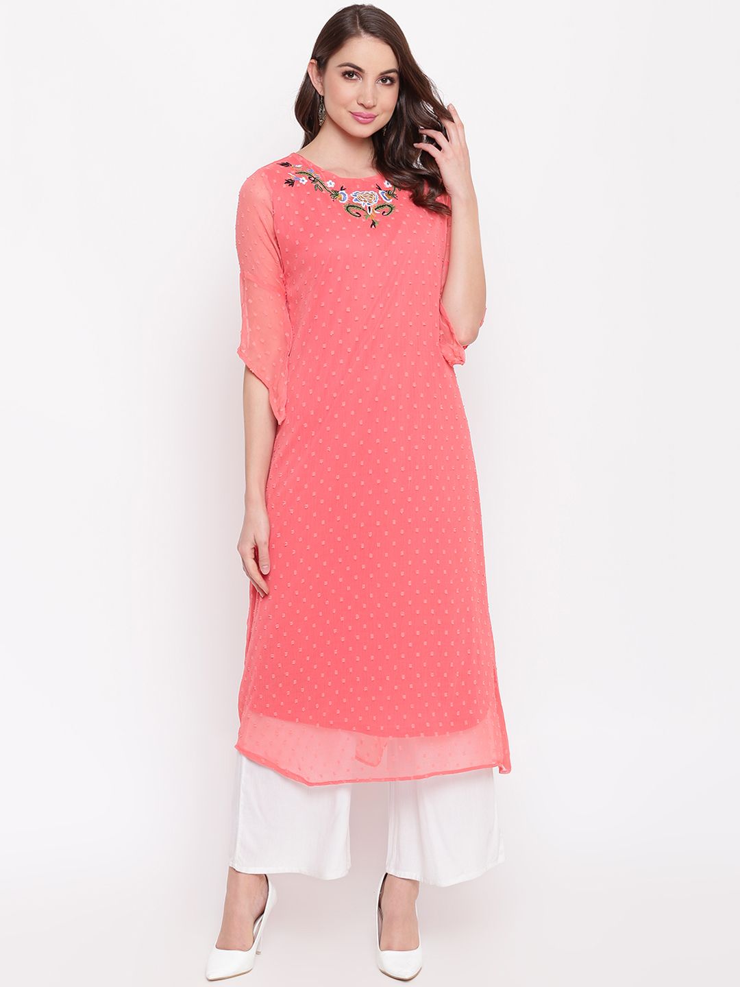 Napra Pink Floral Embroidered Georgette A-Line Kurta Price in India