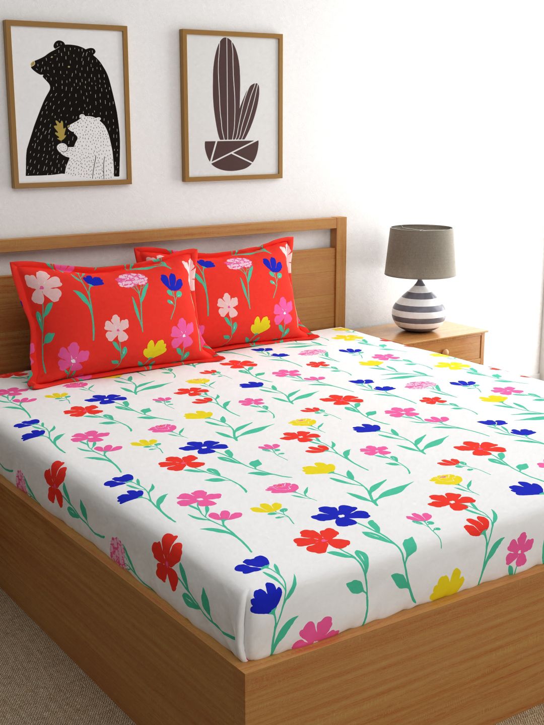 Dreamscape Red  White Floral 180 TC Cotton 1 Queen Bedsheet with 2 Pillow Covers Price in India