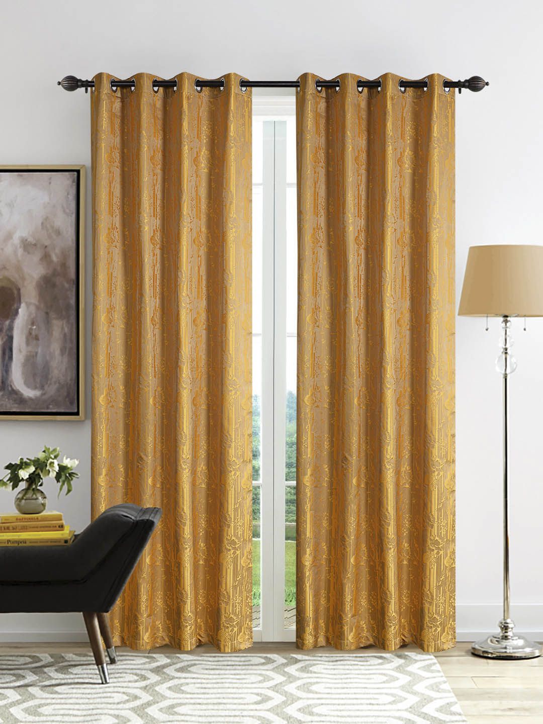 Deco Window Set of 2 Gold-Toned Floral Door Curtains Price in India