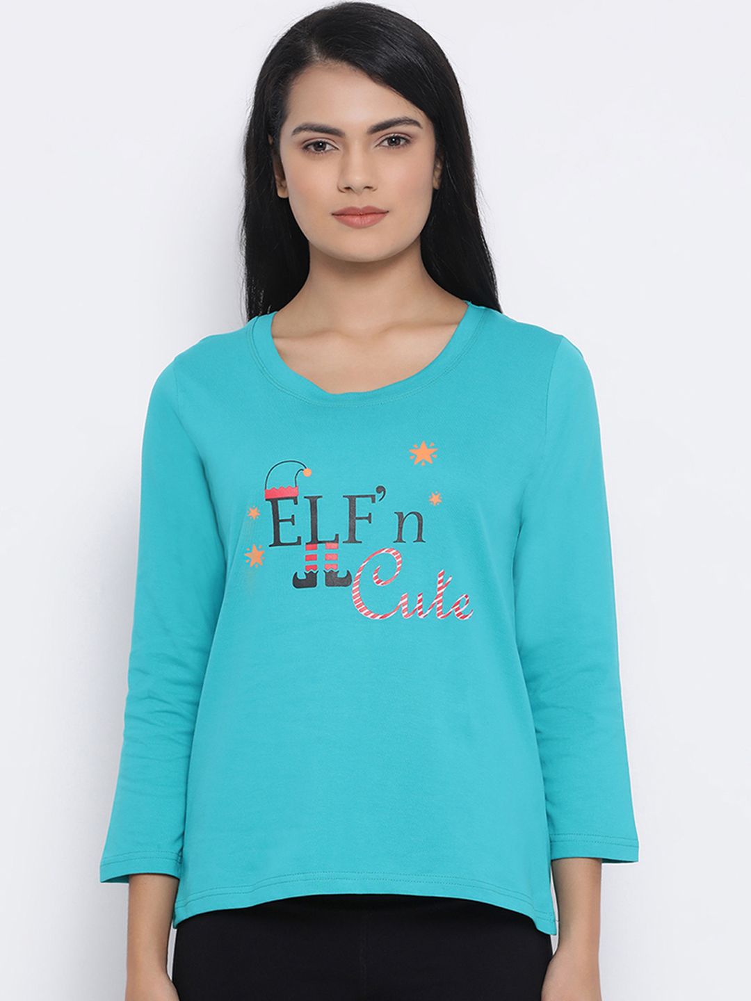 Clovia Women Turquoise Blue Printed Lounge T-shirt Price in India