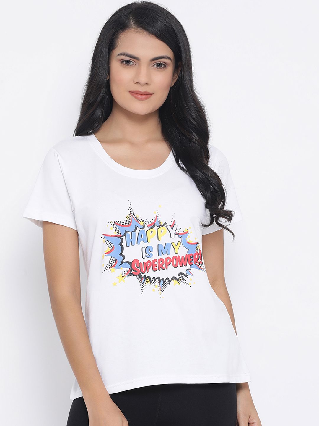 Clovia Women White & Blue Printed Lounge T-shirt Price in India