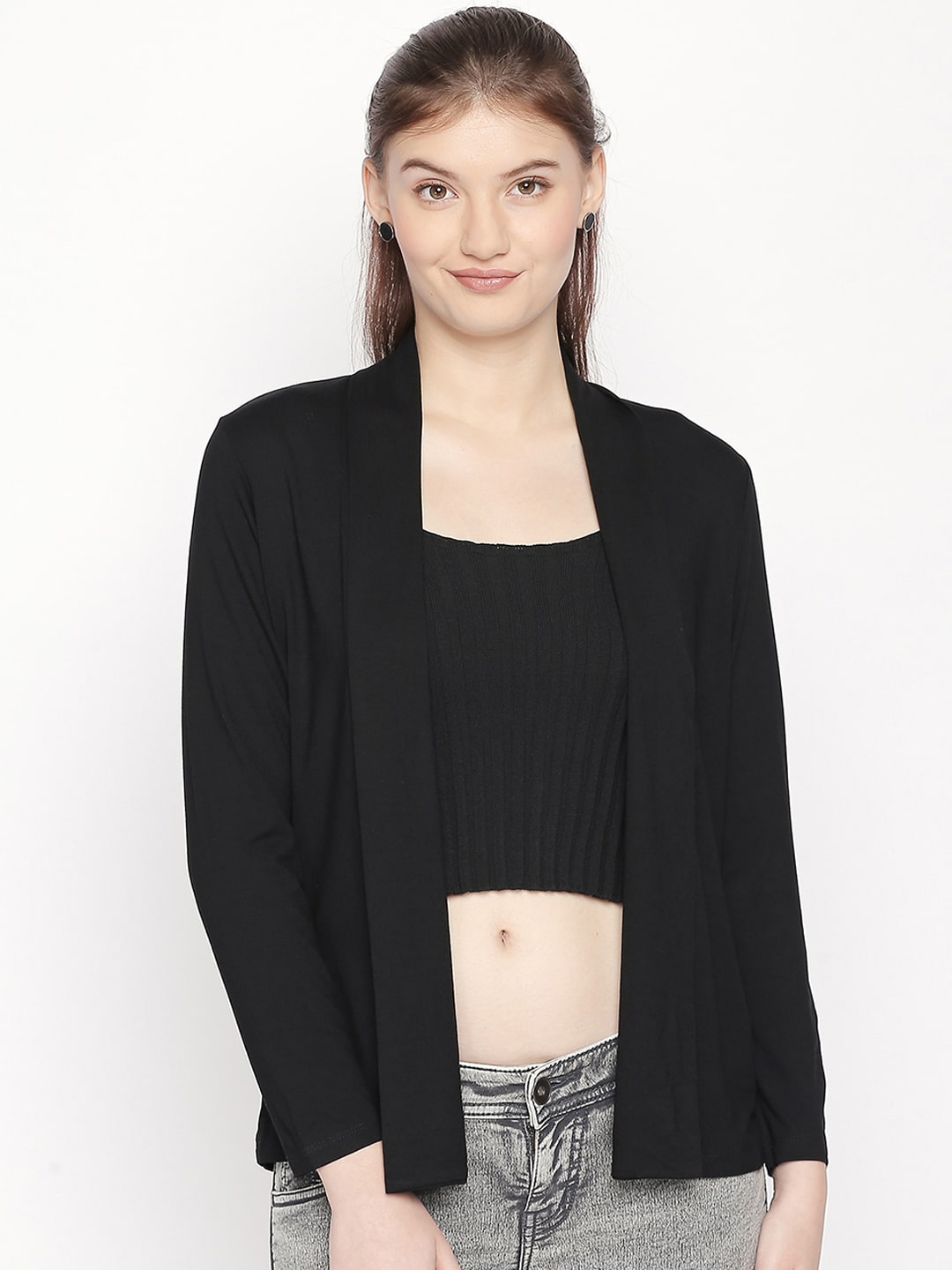 Honey by Pantaloons Women Black Solid Open Front Shrug Price in India