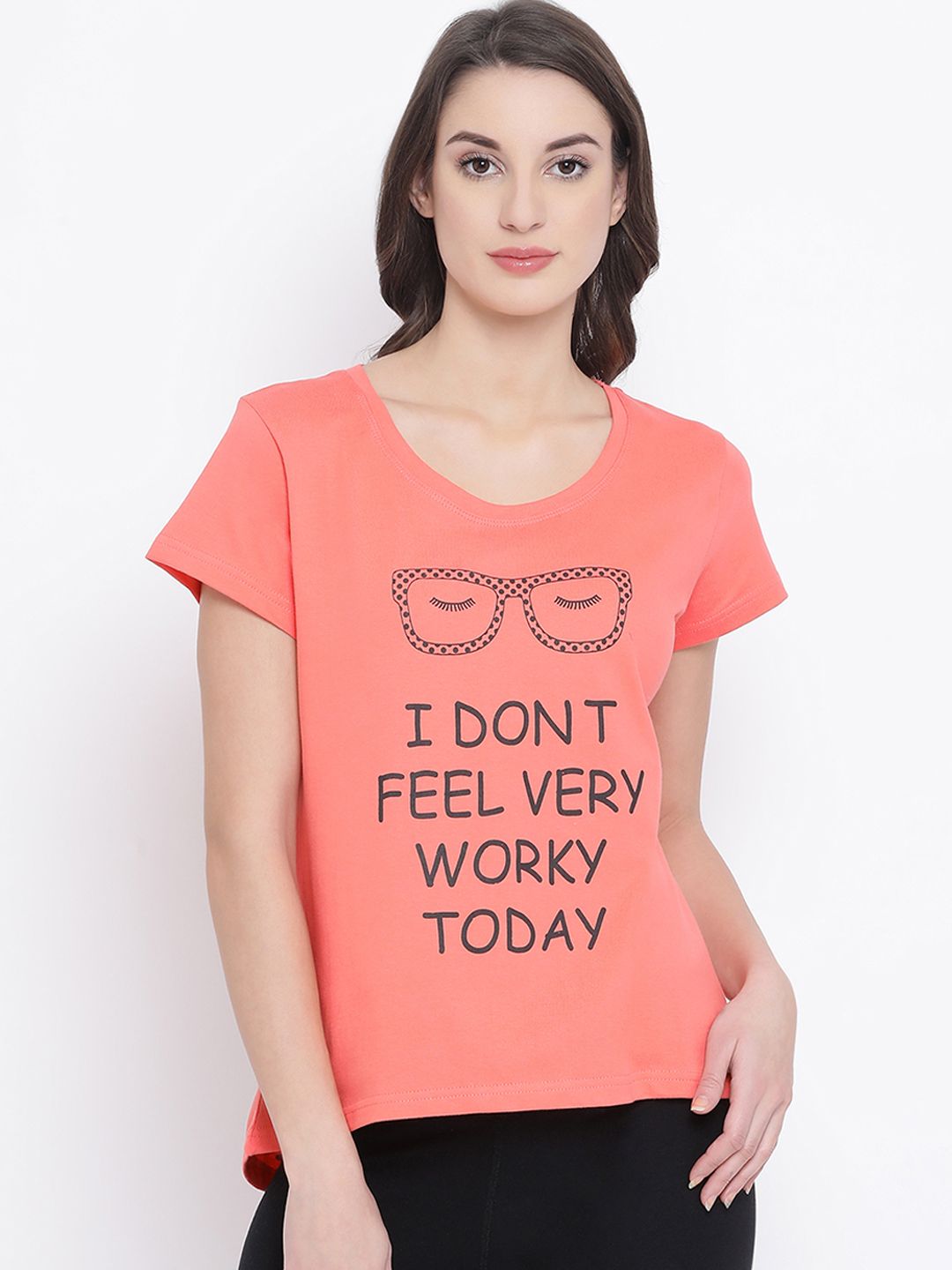 Clovia Women Peach-Coloured Graphic Printed Lounge T-shirt Price in India