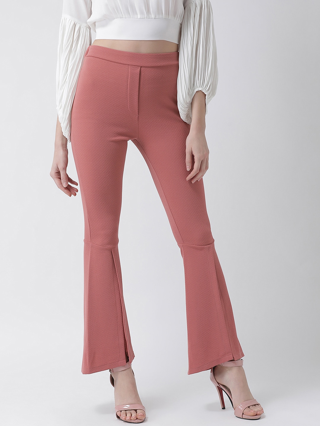 KASSUALLY Women Pink Regular Fit Solid Bootcut Trousers Price in India
