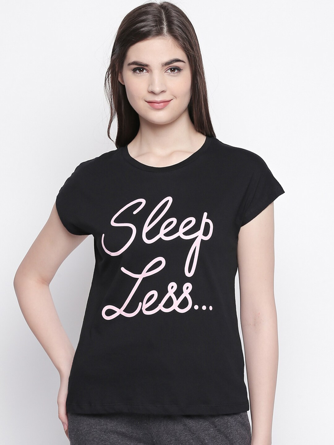 Dreamz by Pantaloons Women Black & Pink Printed Lounge T-shirt Price in India