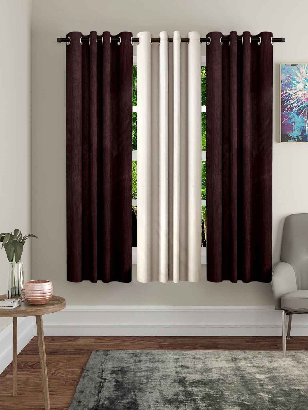 Home Sizzler Burgundy & Cream-Coloured Set of 3 Window Curtains Price in India