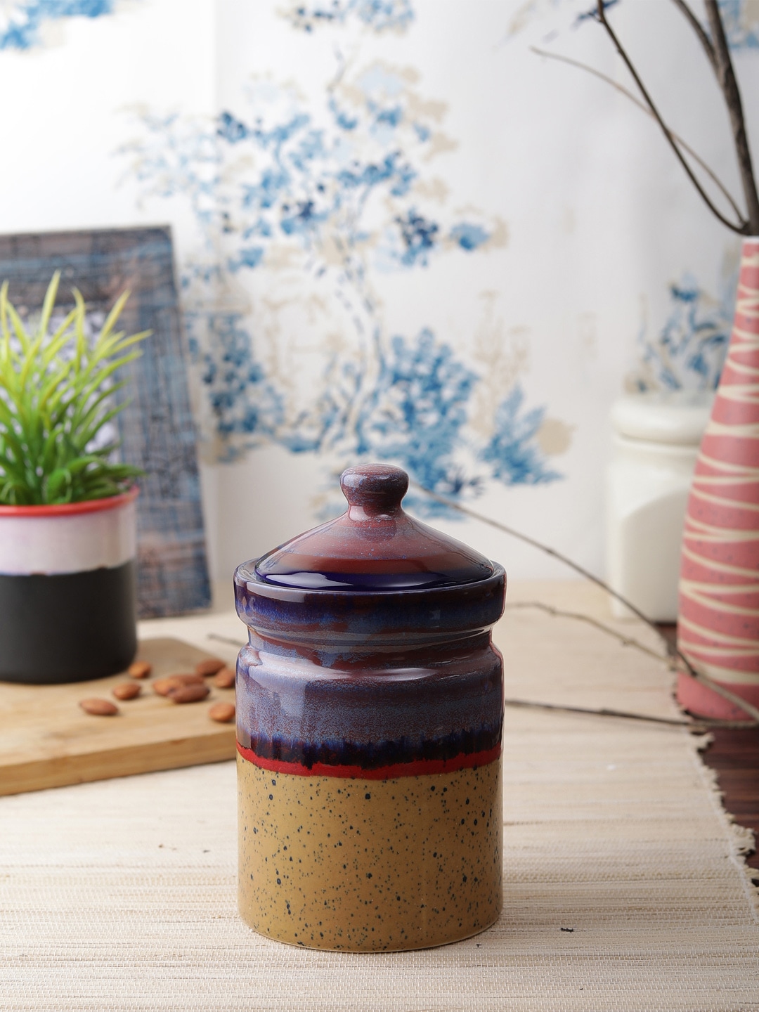 VarEesha Purple & Mustard Yellow Ceramic Handcrafted Food Container 500 ml Price in India