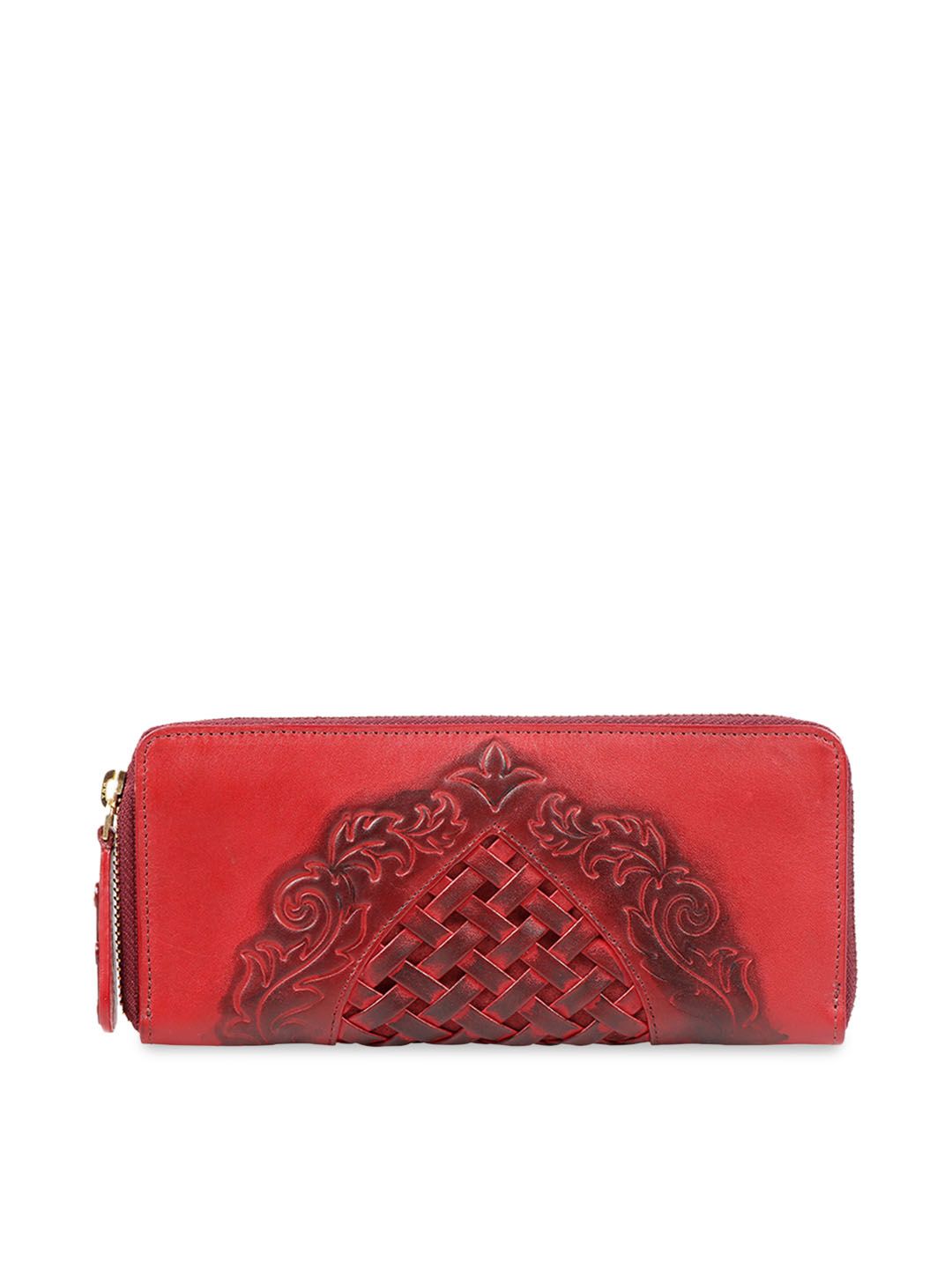 Hidesign Women Red Self Design Leather Zip Around Wallet Price in India