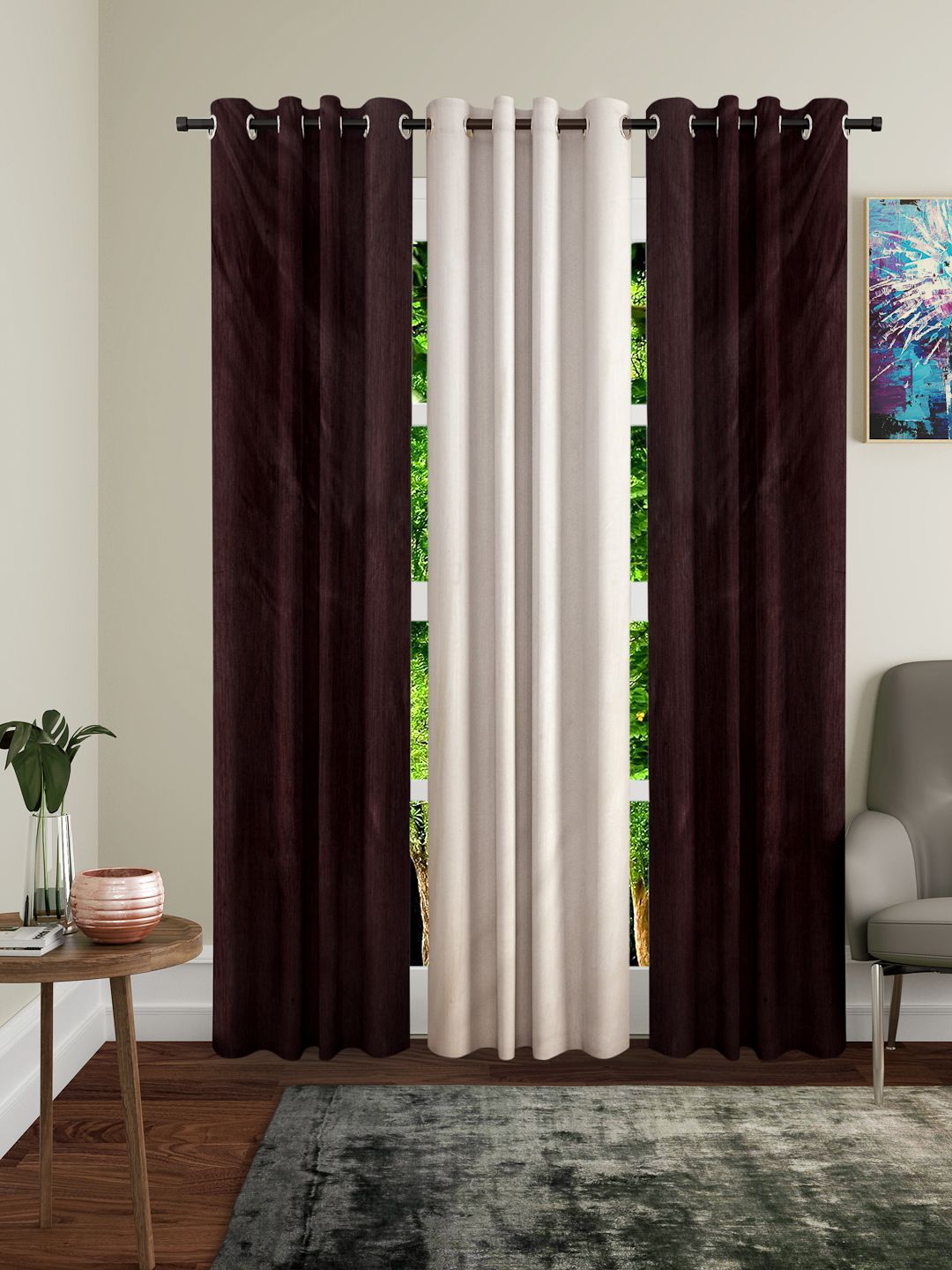 Home Sizzler Burgundy & Cream-Coloured Set of 3 Door Curtains Price in India