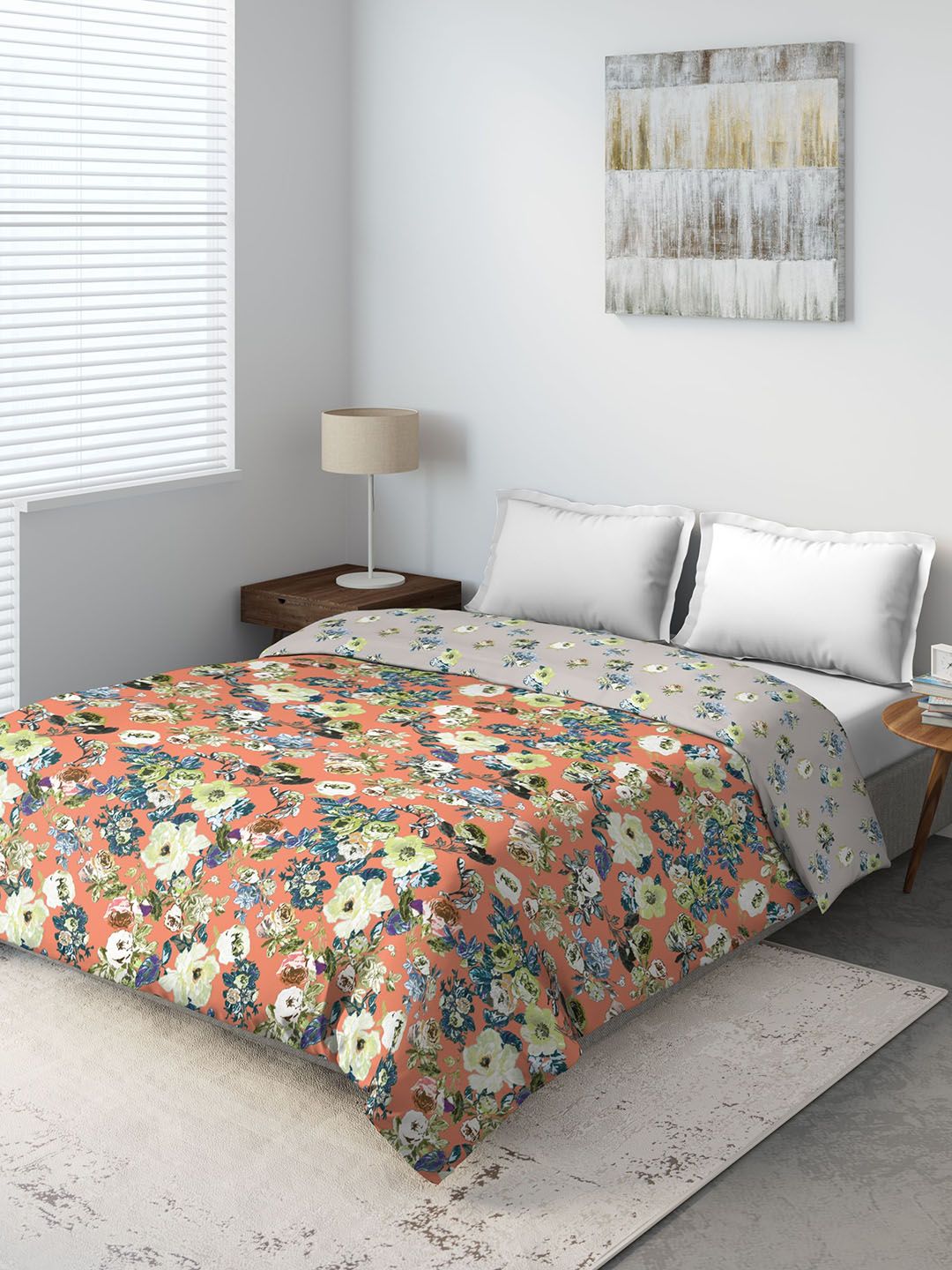 DDecor Orange & Blue Floral Mild Winter 150 GSM Double Bed Comforter Price in India