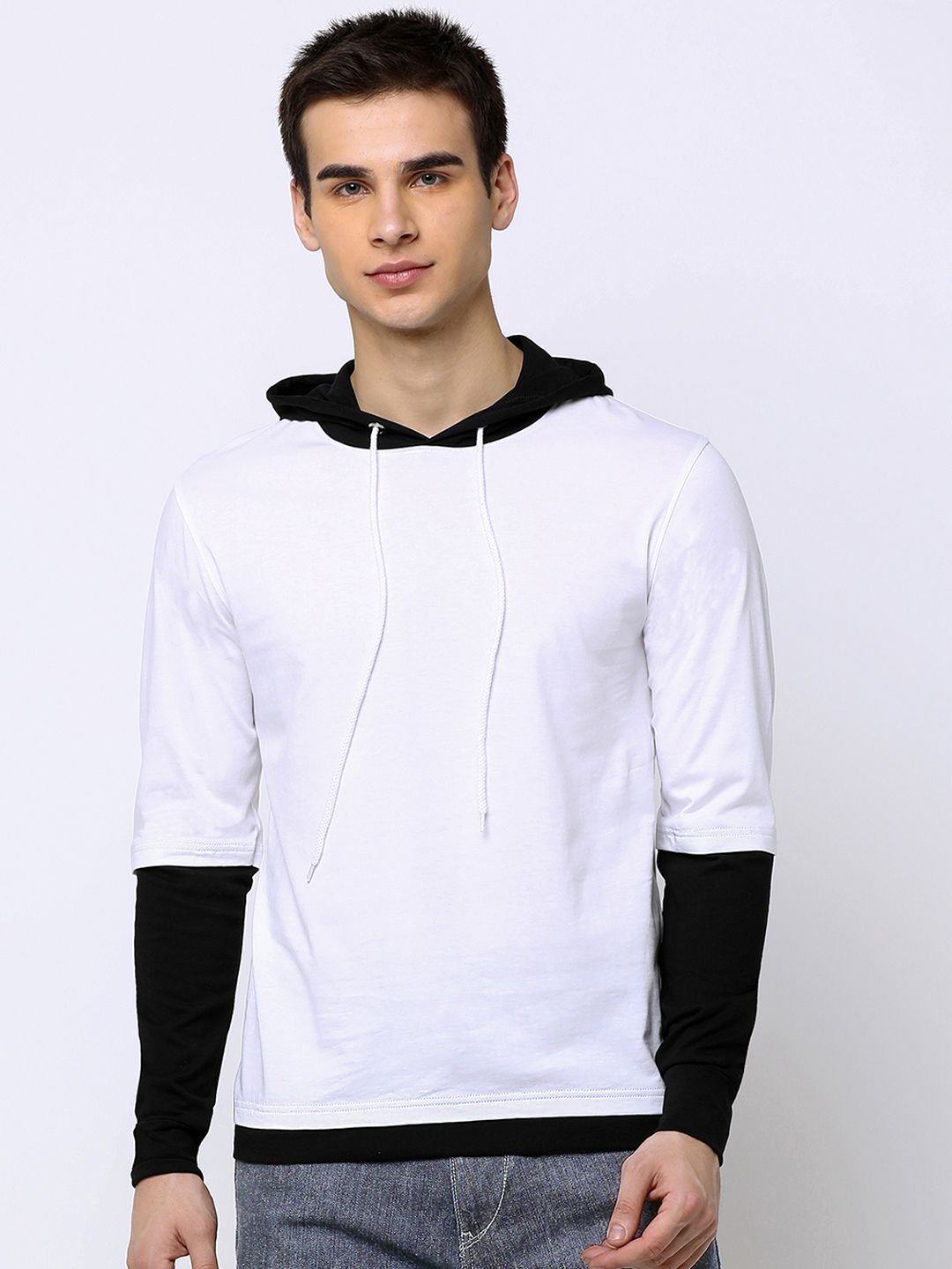 Maniac Men White & Black Colourblocked Hood Slim Fit T-shirt