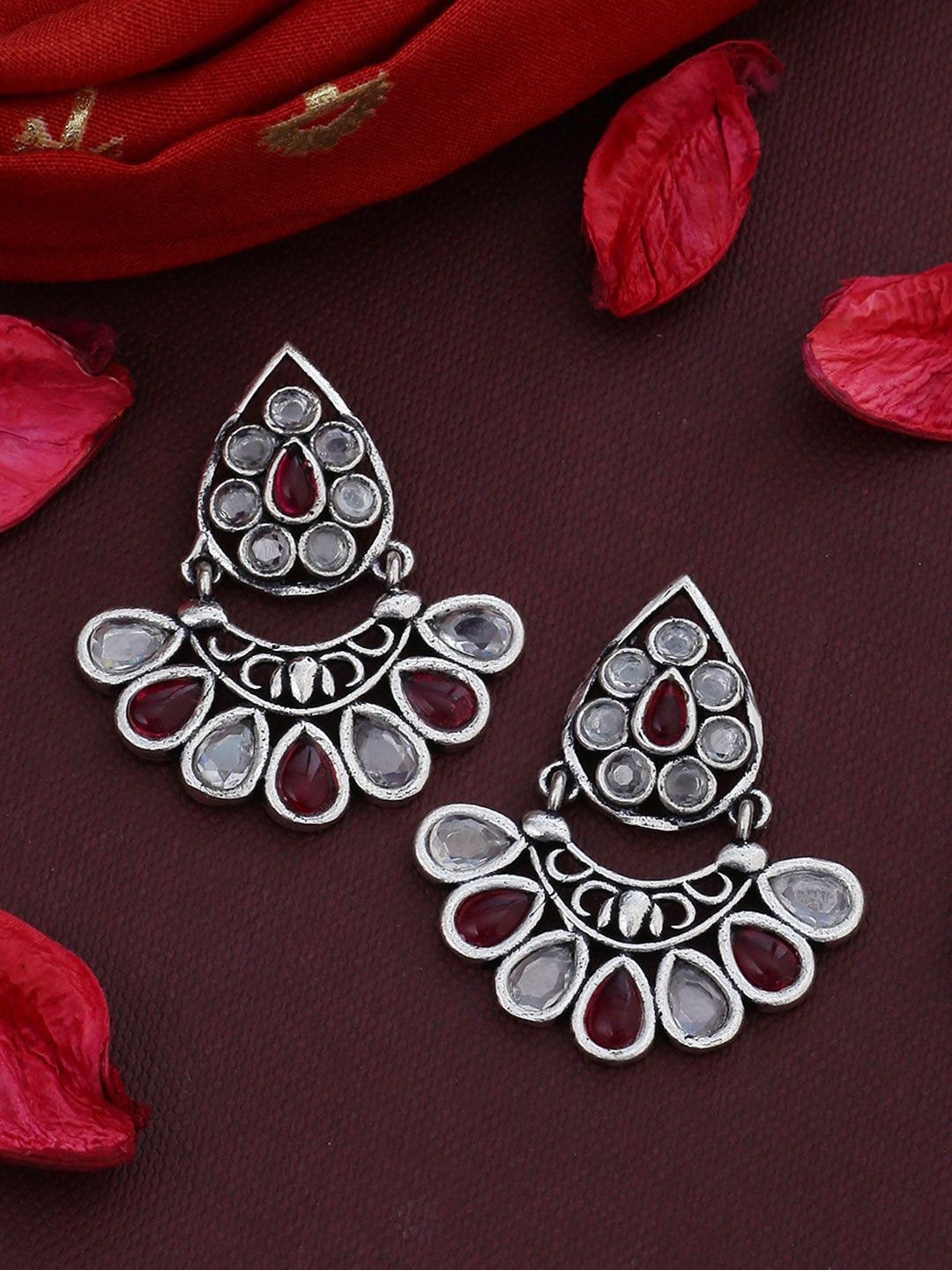 Voylla Silver-Plated & White Oxidised Teardrop Shaped Drop Earrings Price in India