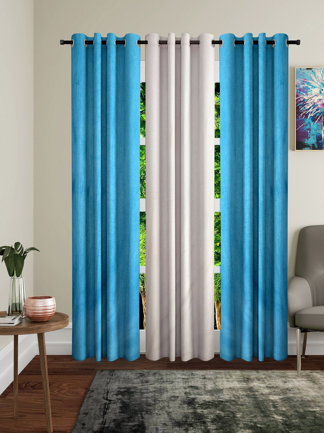 Home Sizzler Turquoise Blue & Cream-Coloured Set of 3 Long Door Curtains Price in India