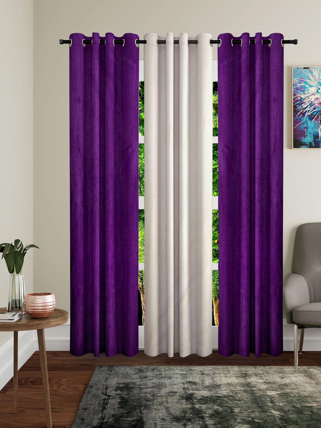 Home Sizzler Purple & Cream-Coloured Set of 3 Long Door Curtains Price in India