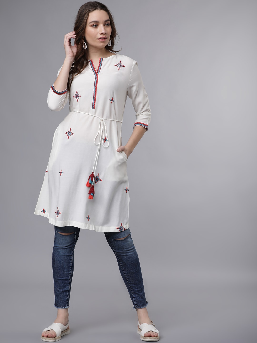 Vishudh Women's White & Red Embroidered Tunic Price in India