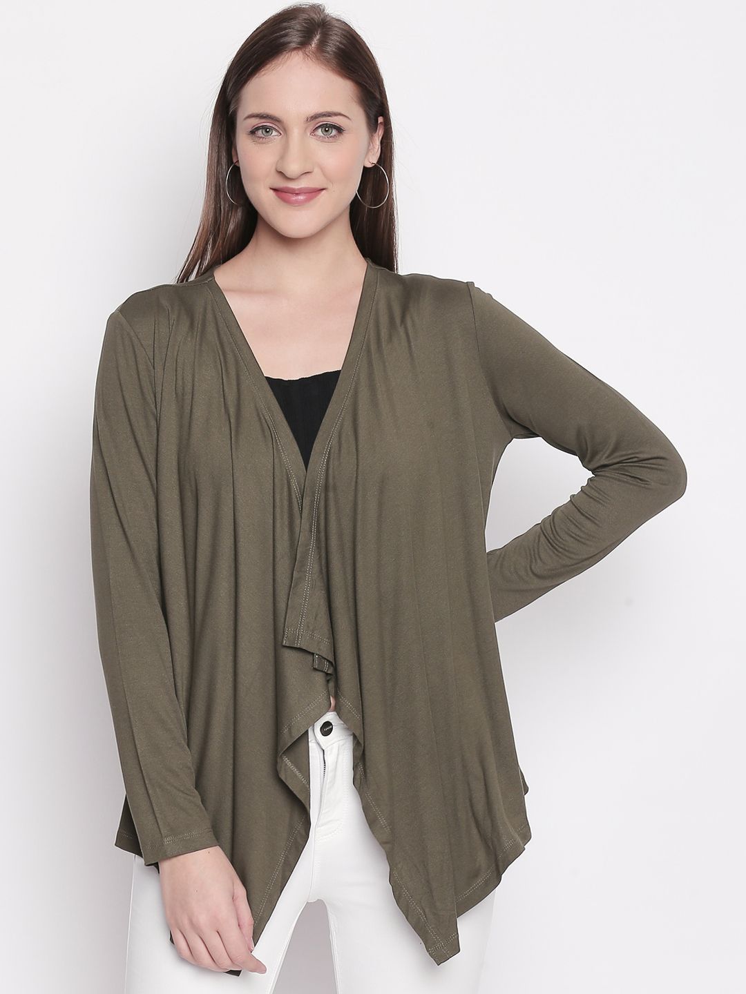 Honey by Pantaloons Women Olive Green Solid Waterfall Shrug Price in India