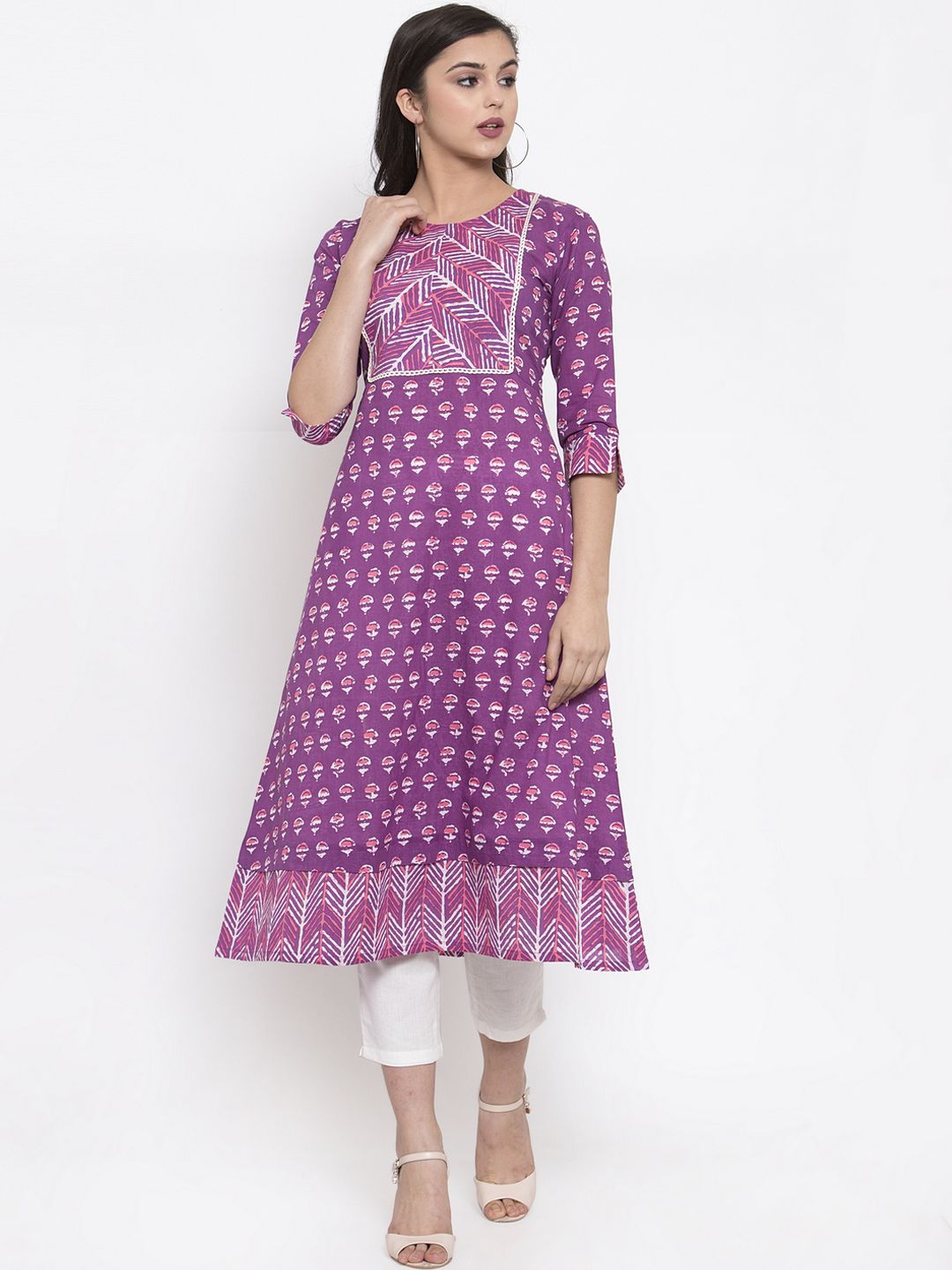 Indibelle Women Purple Block Print A-Line Kurta Price in India