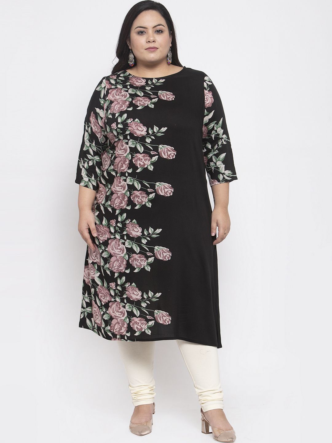 plusS Women Black & Green Floral Print Straight Kurta Price in India