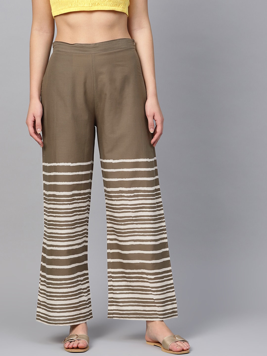 Yuris Women Taupe & Off-White Striped Straight Palazzos Price in India