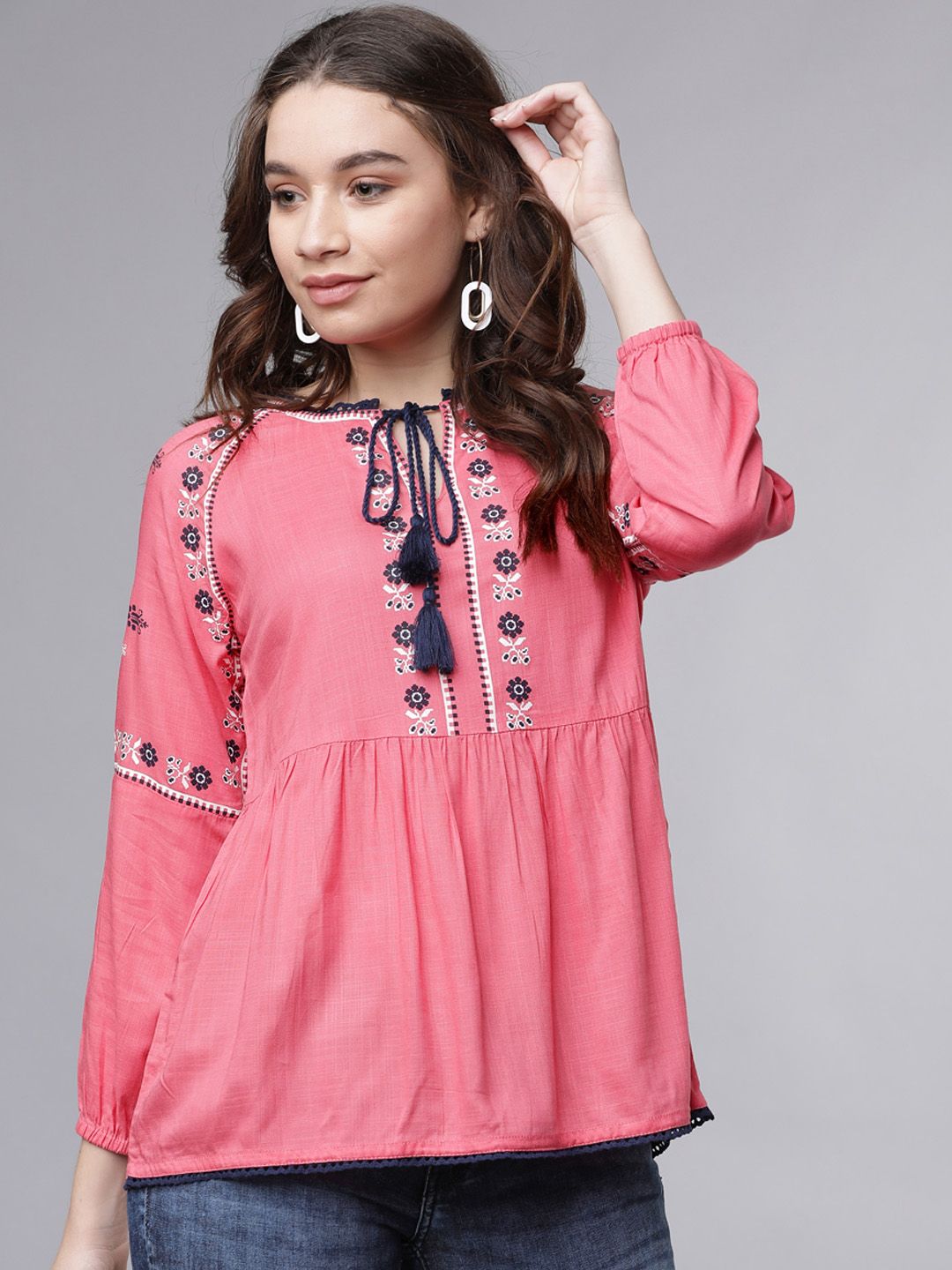 Tokyo Talkies Women Pink & Navy Blue Embroidered Peplum Top
