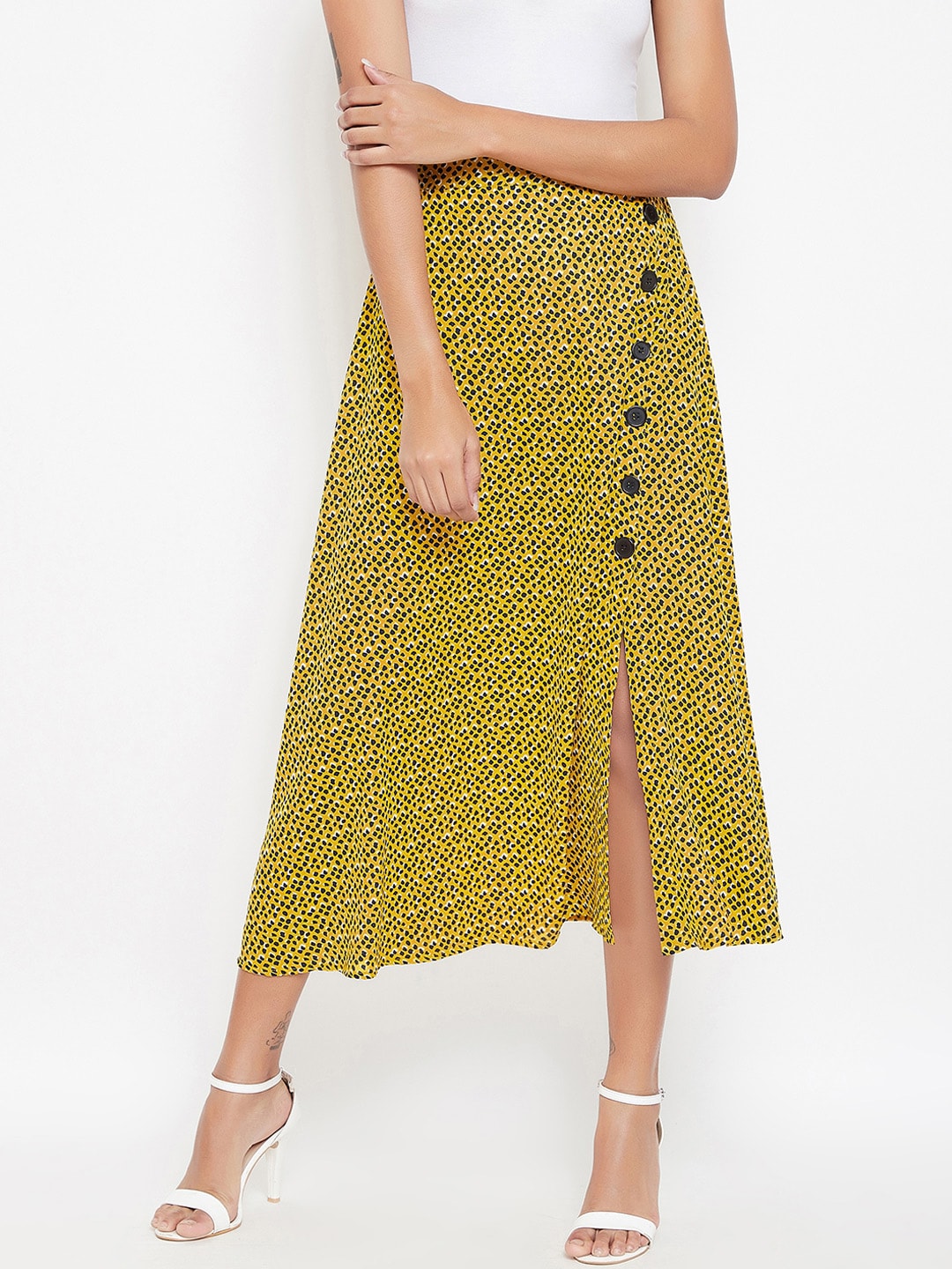 Berrylush Yellow & Black Printed A-Line Midi Skirt Price in India