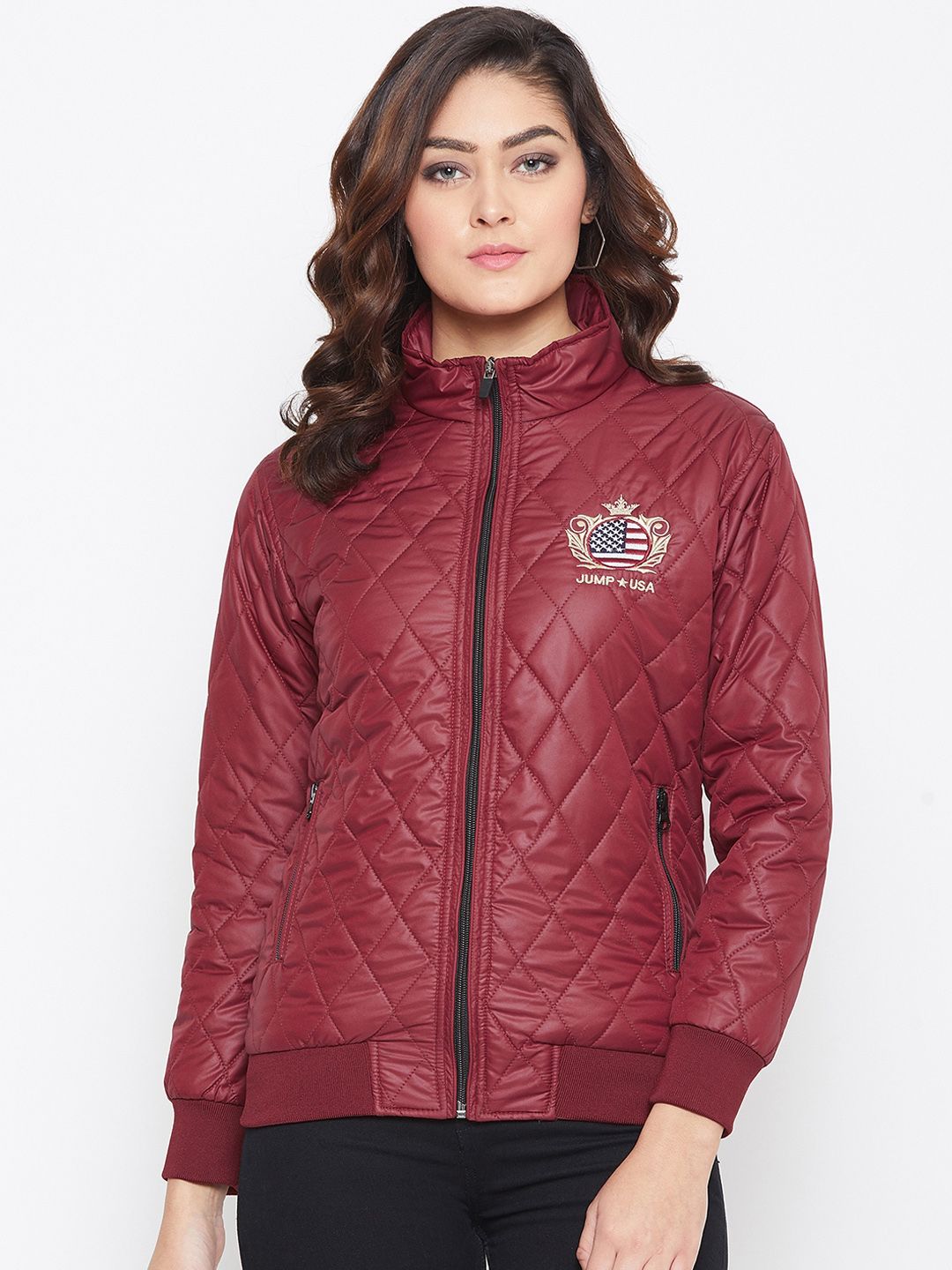 JUMP USA Women Red Solid Padded Jacket Price in India