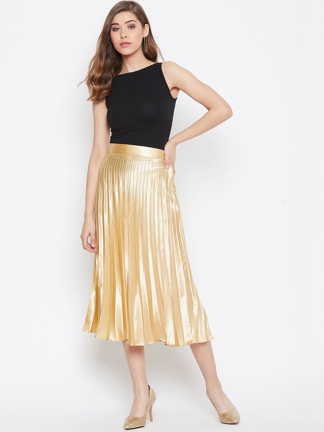 Uptownie Lite Women Gold-Coloured Solid Accordion Pleated Flared Midi Skirt