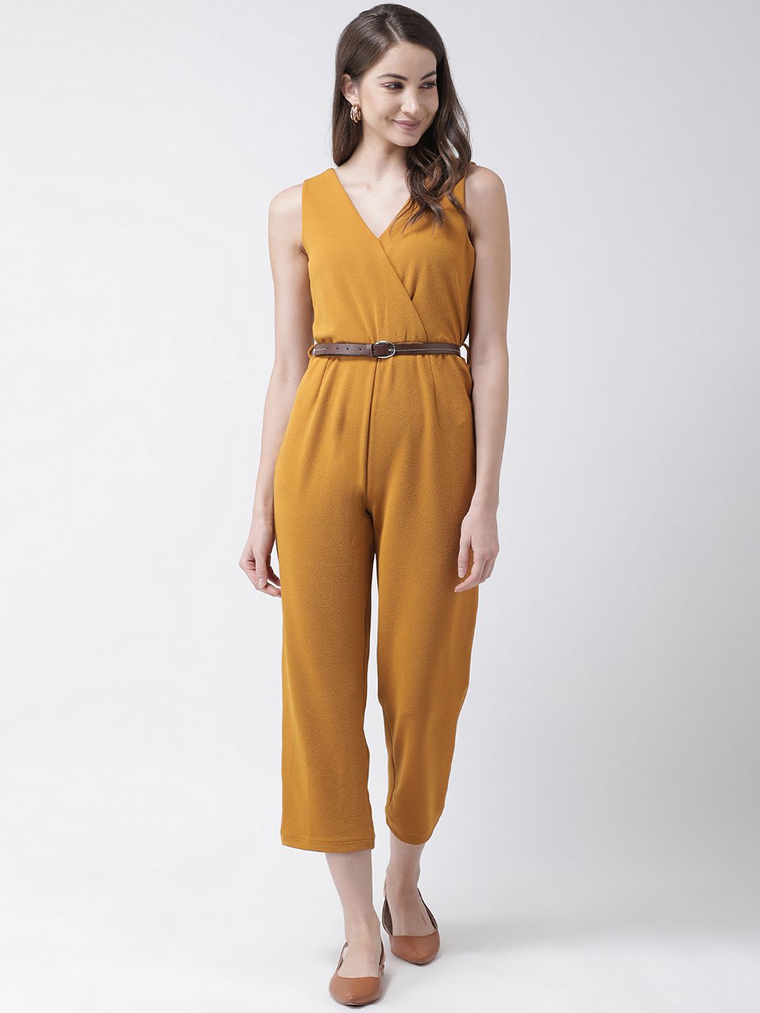 KASSUALLY Women Mustard Yellow Solid Basic Jumpsuit Price in India