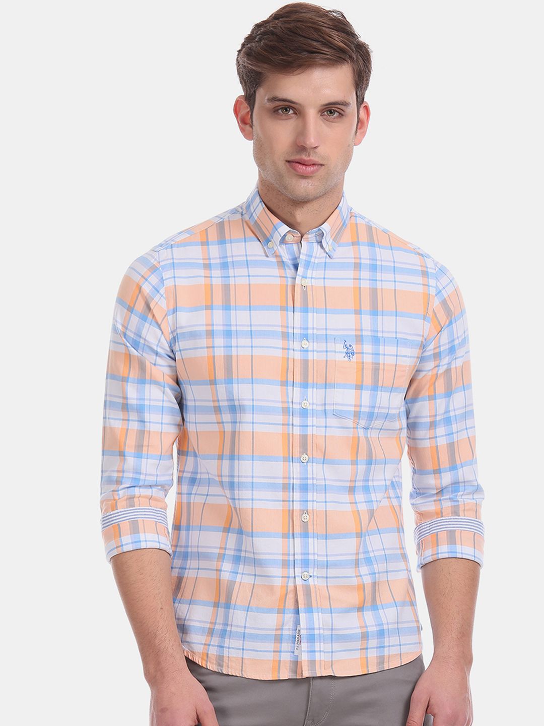 U.S. Polo Assn. Men Orange & Blue Regular Fit Checked Casual Shirt