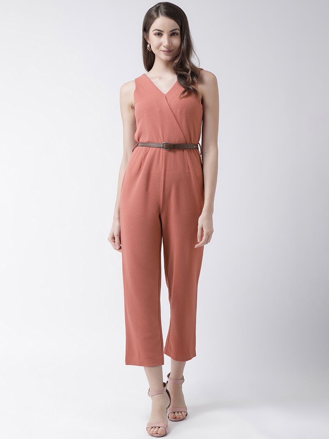 KASSUALLY Women Peach-Coloured Solid Wrap Basic Jumpsuit Price in India