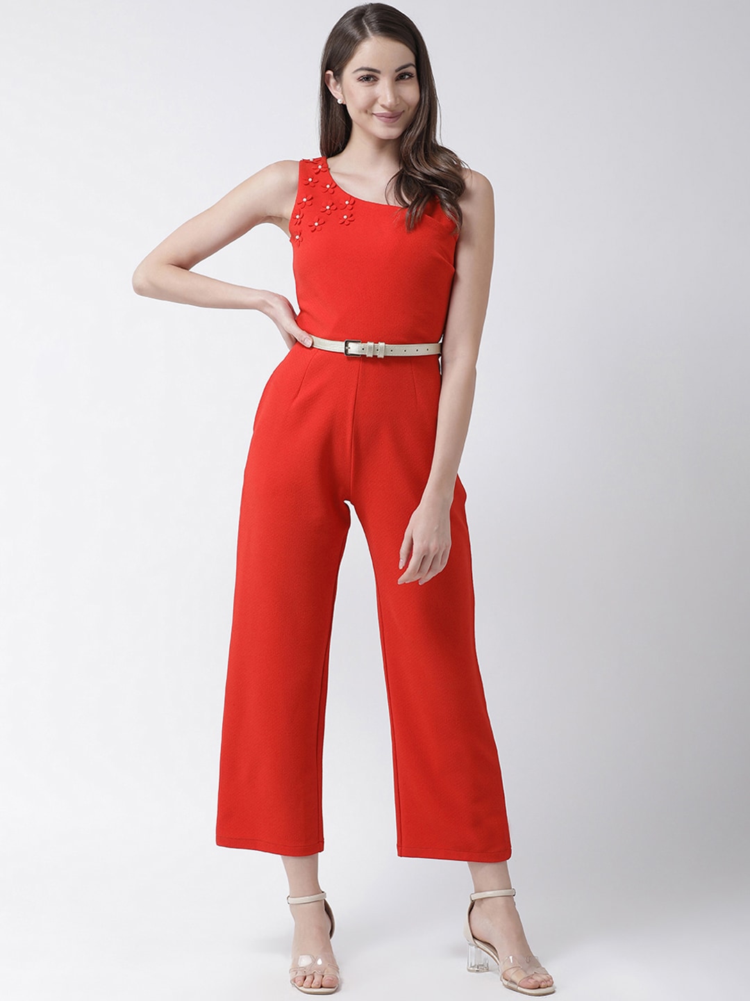 KASSUALLY Women Red Solid Basic Jumpsuit Price in India