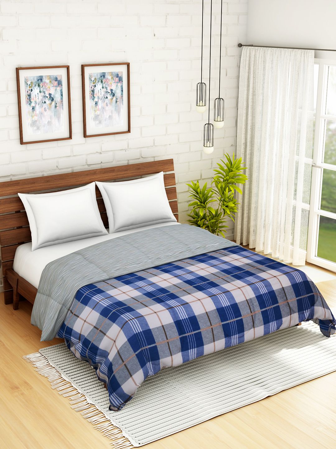 WELHOME Blue & Grey Checked AC Room 110 GSM Double Bed Quilt Price in India