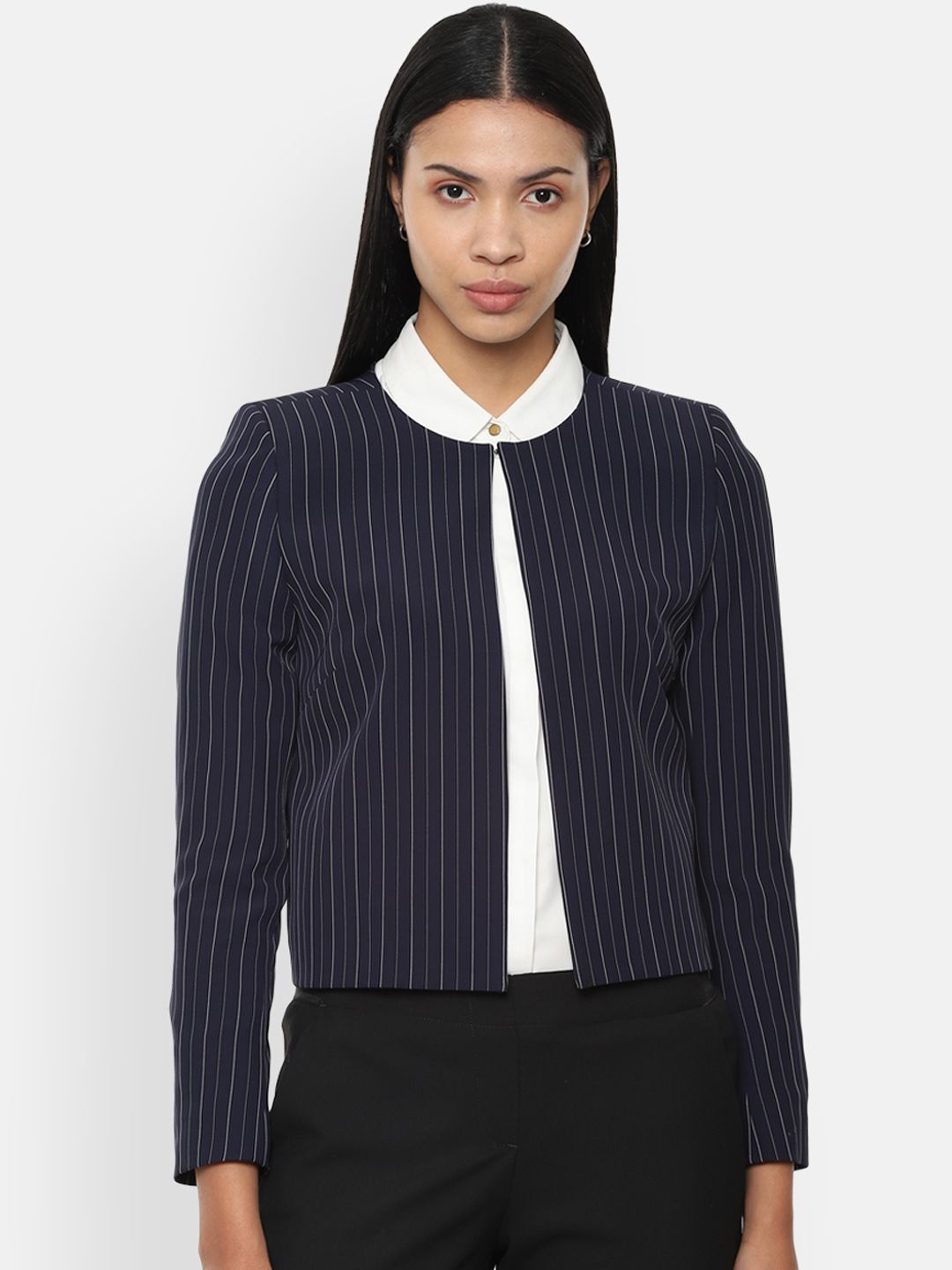 Van Heusen Woman Navy Blue & White Striped Collarless Single Breasted Blazer Price in India