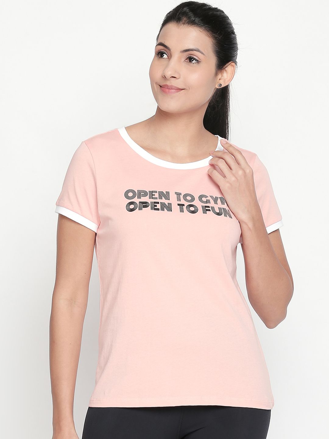 Ajile by Pantaloons Women Peach-Coloured Printed Round Neck Pure Cotton T-shirt Price in India