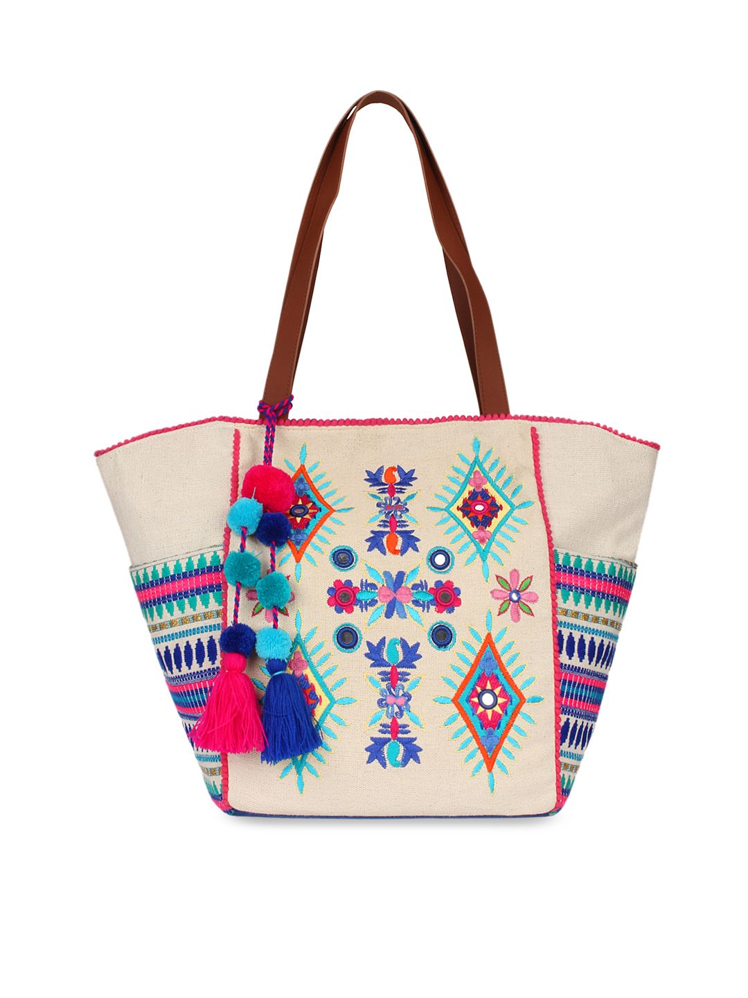 Anekaant Off-White & Blue Embroidered Tote Bag Price in India