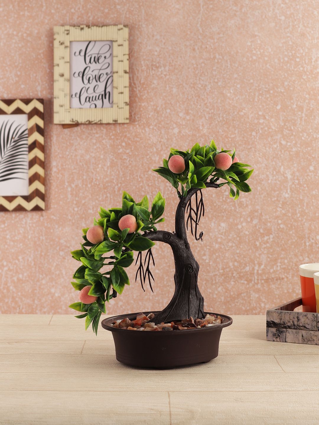 FOLIYAJ Green & Pink Artificial Shoe Horn Shaped Bonsai Peach Tree Price in India