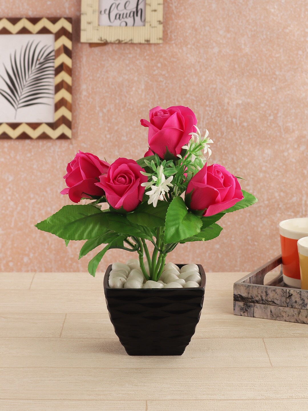 FOLIYAJ Green & Pink Artificial Rose Plant With Pot Price in India