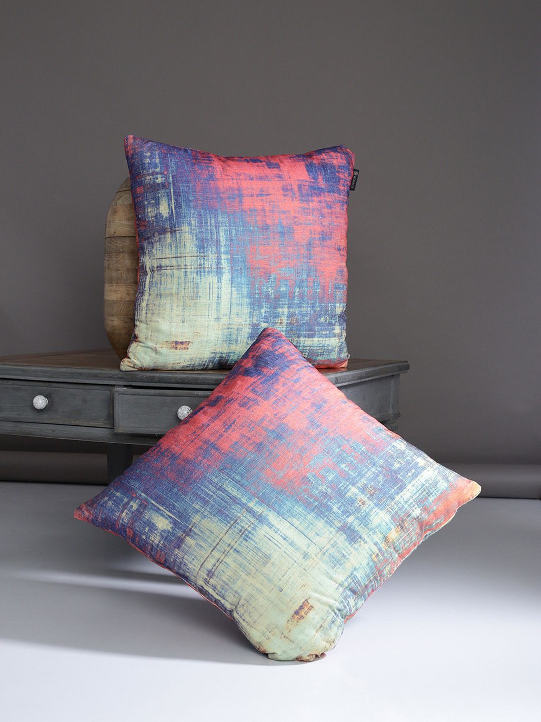 ROMEE Set of 2 Blue & Peach-Coloured Abstract Square Cushion Covers Price in India