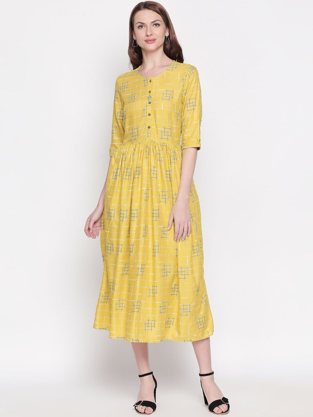 AKKRITI BY PANTALOONS Women Yellow Checked Fit and Flare Dress Price in India