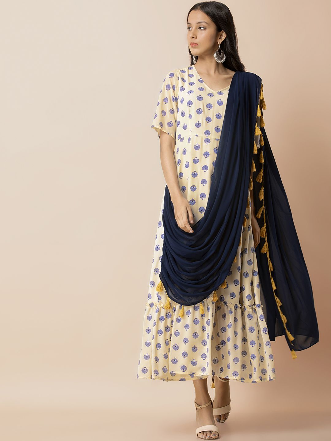 INDYA Women White & Navy Blue Printed Maxi Dress With Attached Dupatta Price in India
