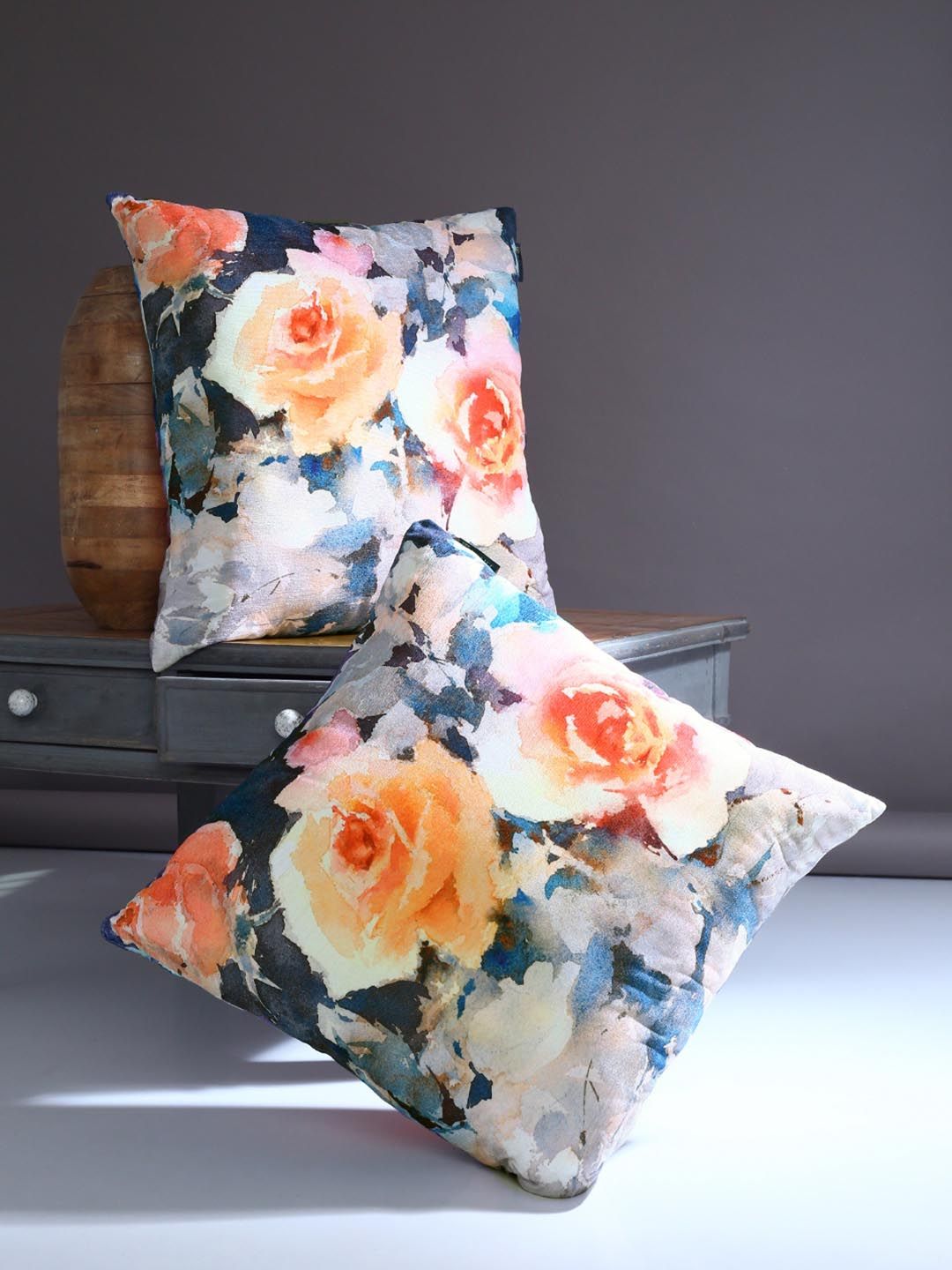 ROMEE Blue & Orange Set of 2 Floral Square Cushion Covers Price in India