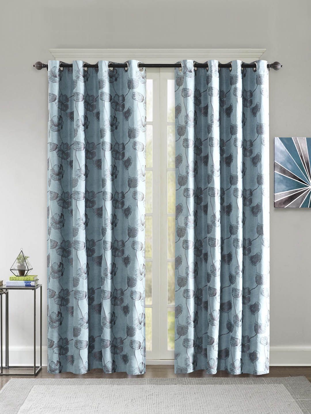 Deco Window Turquoise Blue & Black Set of 2 Curtain Curtains Price in India