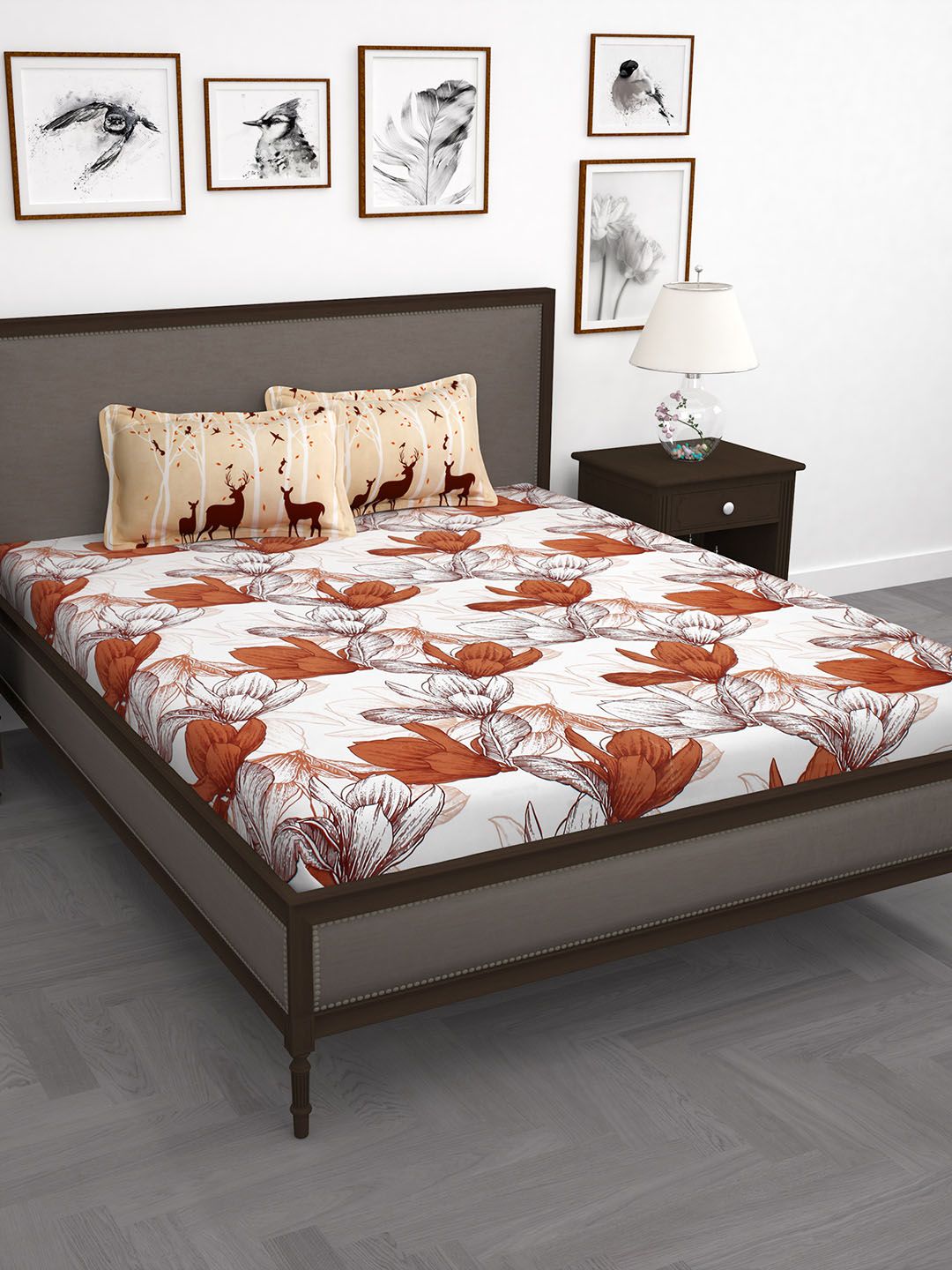 Story@home White & Orange Floral 210 TC Cotton 1 King Bedsheet with 2 Pillow Covers Price in India