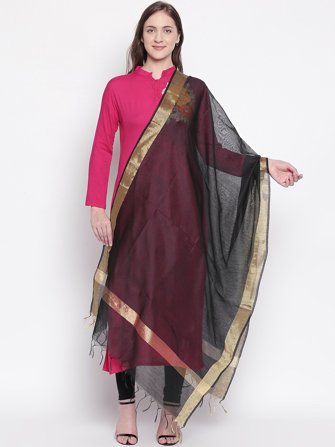 RANGMANCH BY PANTALOONS Black & Gold-Coloured Solid Dupatta Price in India