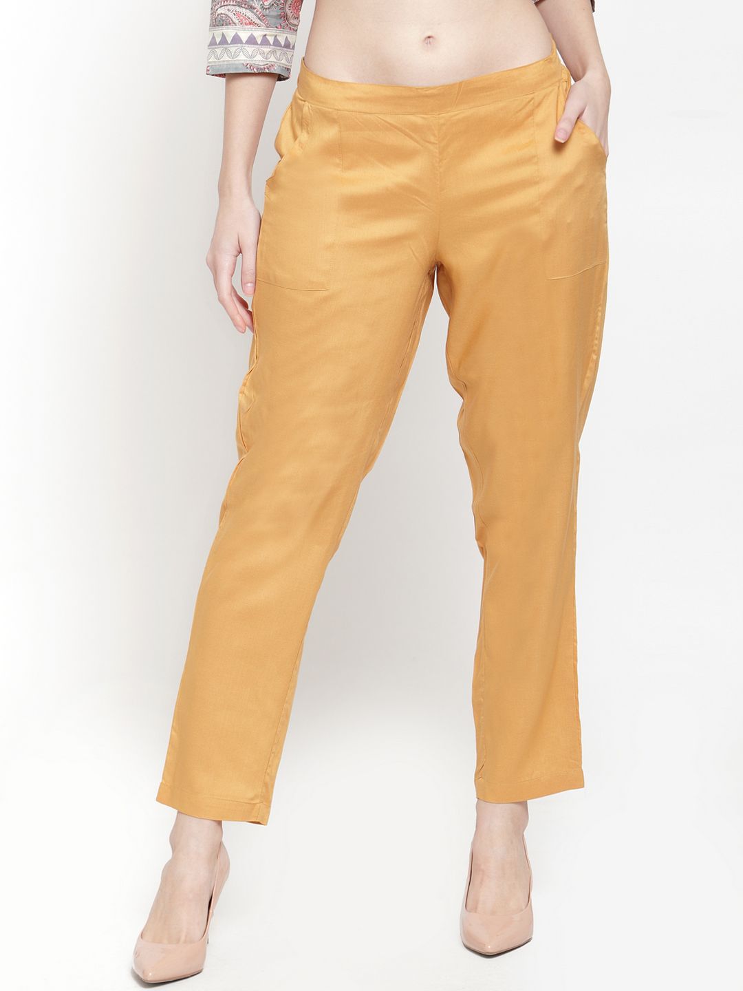 Ayaany Women Mustard Yellow Straight Fit Solid Peg Trousers Price in India